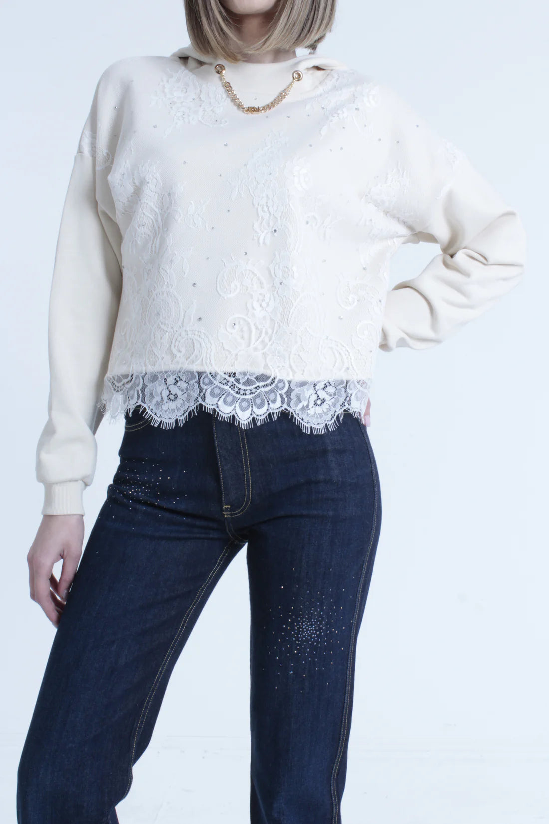 Relish Felpa MONICAE maniche lunghe con cappuccio più catena logo più inserto pizzo con strass