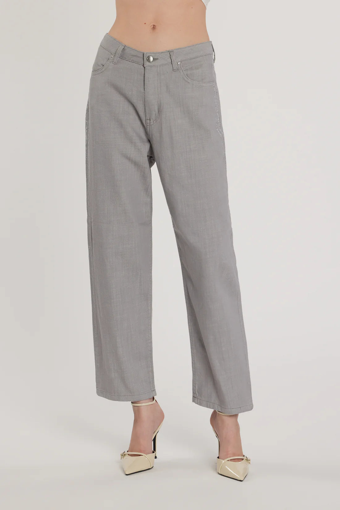 Relish Pantalone CARLA_32 vita media cinque tasche con applicazioni strass laterali baggy fit grey cotone