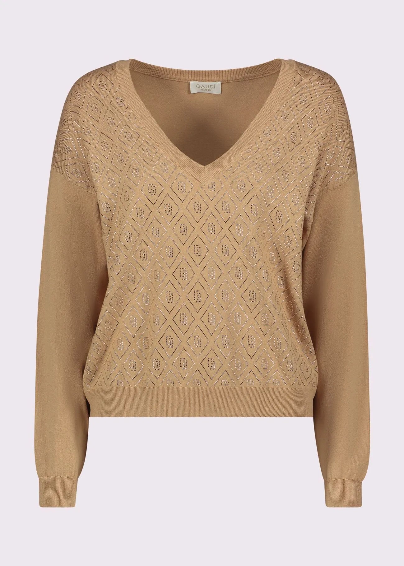 Maglia beige da donna con scollo a V e logo GAUDI 521BD53001_2369