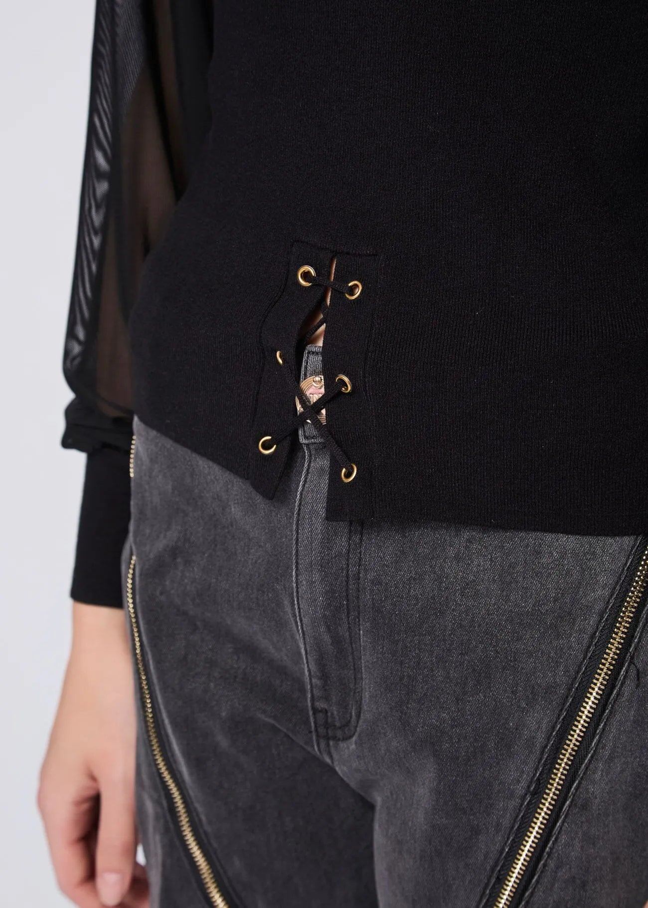 Maglia nera a costine con tulle - art. 521DD53004- Denny Rose Autunno Inverno 2025/26