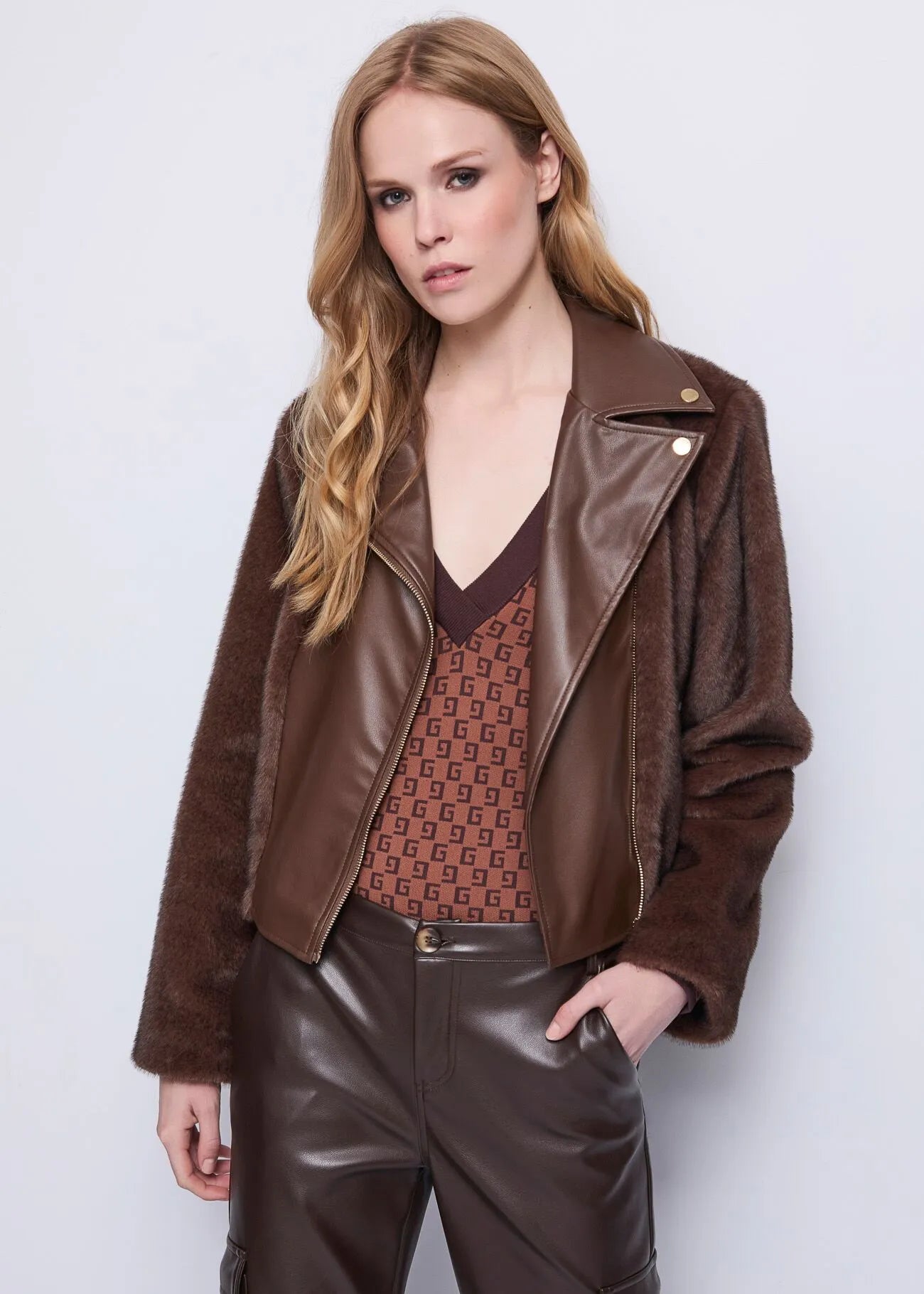 Nuova Collezione Giacca biker marrone da donna con cintura GAUDI 521FD39004_3355