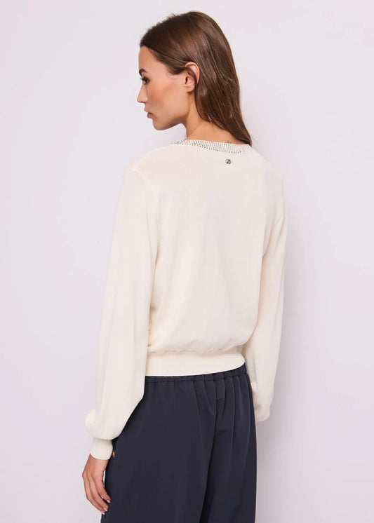 GAUDI 611BD53038_2131 Women's White Yarn Cardigan with Rhinestones