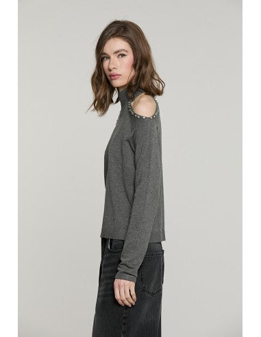 Maglia BOGNANNI manica lunga collo vulvano con apertura + castoni + pietre RELISH