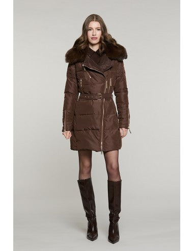 Piumino CUNY lungo manica lunga con zip + collo ecopelliccia staccabile + cintura RELISH