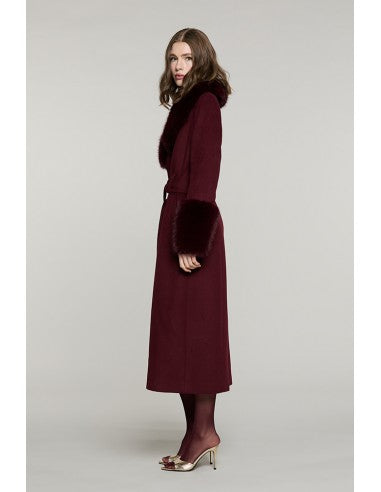 Cappotto RECORDS lungo manica lunga con cintura + tasche + bordi ecopelliccia RELISH