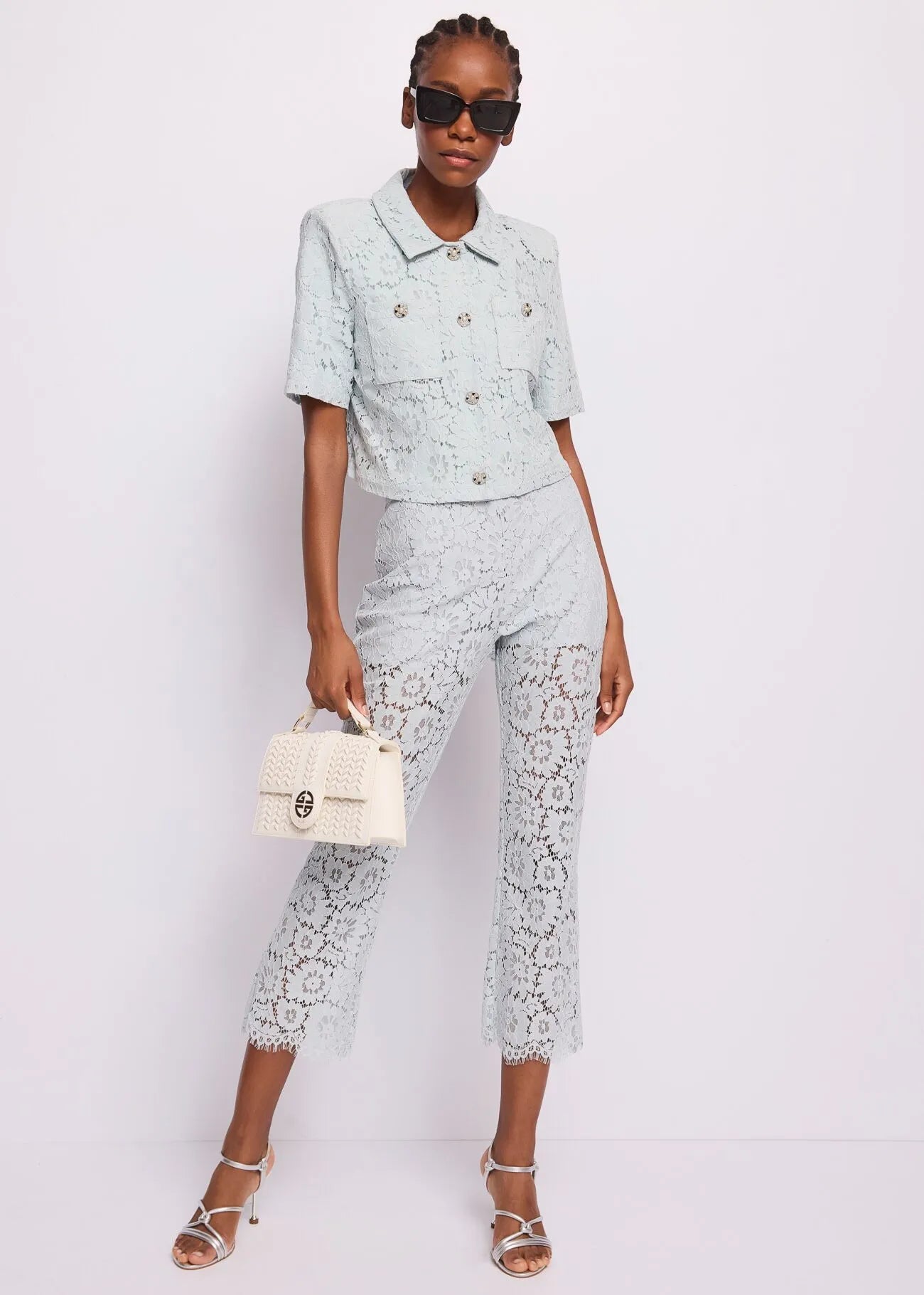 Gaudi 611FD35003 Giacca azzurra da donna in pizzo macramè