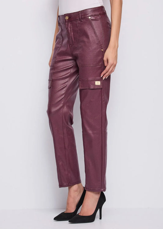 Gaudi 521BD25017 Pantaloni da donna effetto similpelle con tasche cargo