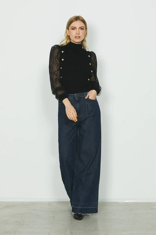 Pantalon 5ts taille haute RELISH REECE avec ourlet effiloché et chaîne logo en denim bleu
