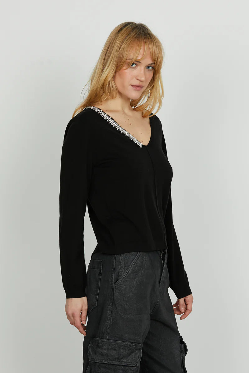 Maglia LEVITA manica lunga scollo v con applicazione perline più strass RELISH