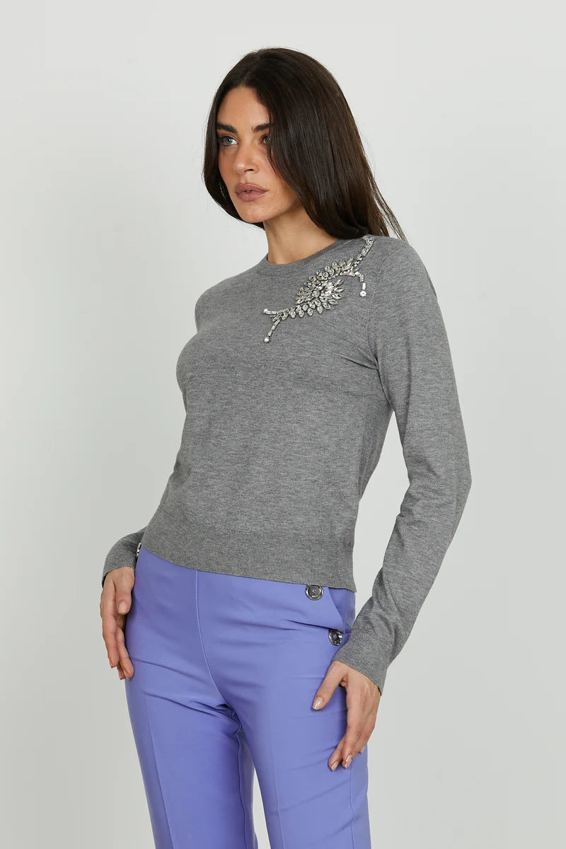 Maglia CRETAS manica lunga girocollo con goccia schiena più applicazione pietre RELISH