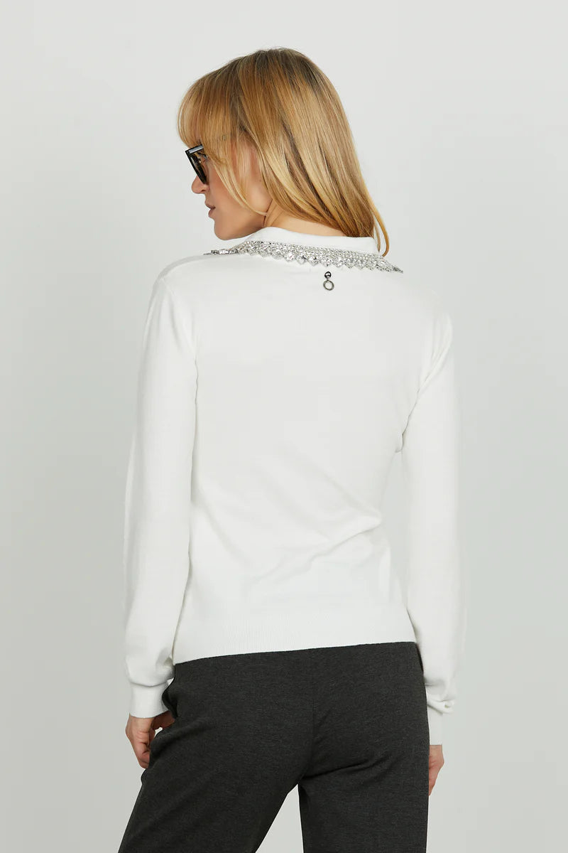 Maglia NIHOA manica lunga scollo v con colletto più applicazione strass RELISH