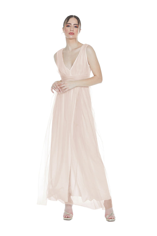 Robe longue en tulle sans manches à double col en V ANKA RCP2309009009