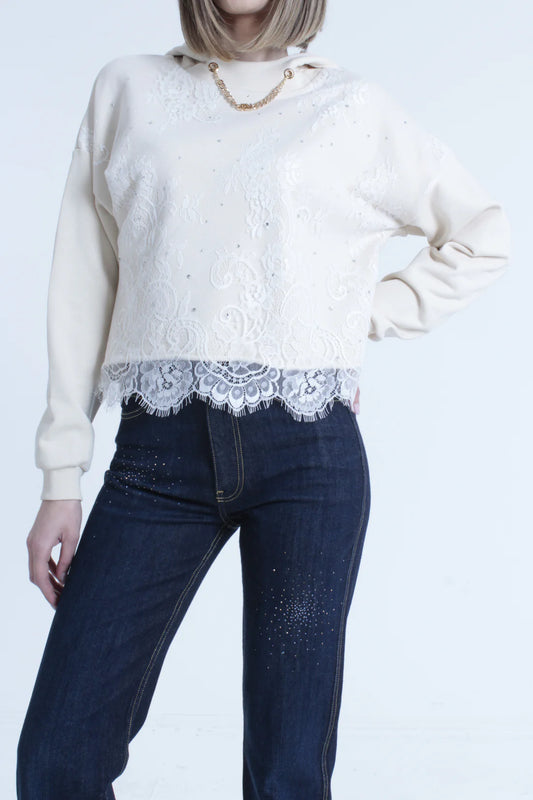 Relish Felpa MONICAE maniche lunghe con cappuccio più catena logo più inserto pizzo con strass