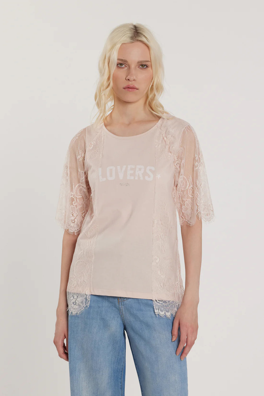 Relish T-Shirt MASCARA maniche corte con inserti pizzo più stampa più strass