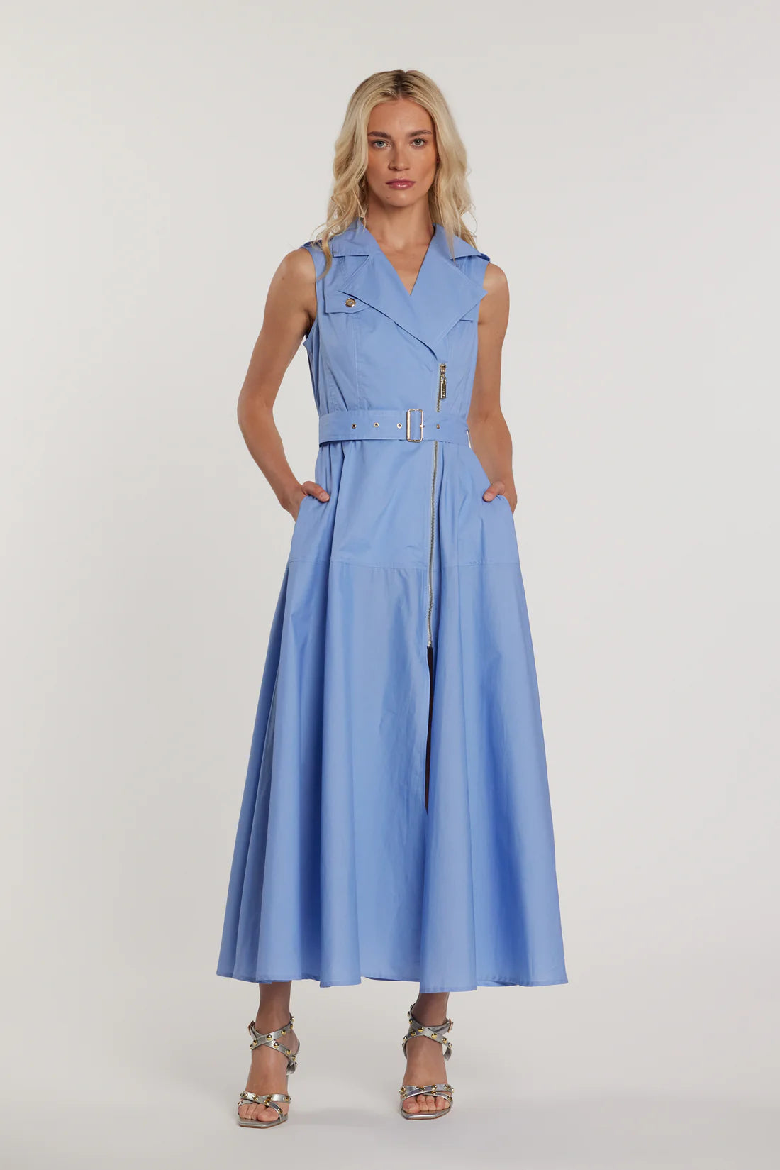 Relish Abito BROOKE lungo smanicato effetto chiodo con zip più cintura