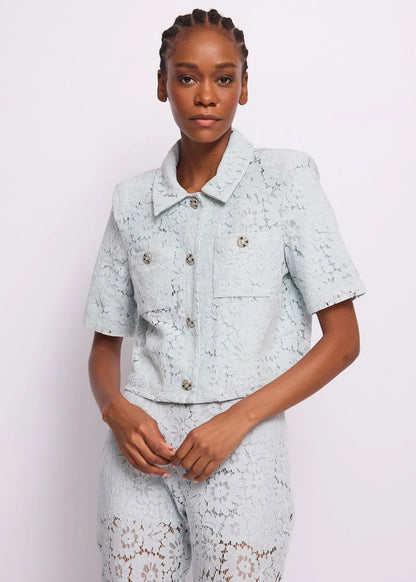 Gaudi 611FD35003 Giacca azzurra da donna in pizzo macramè