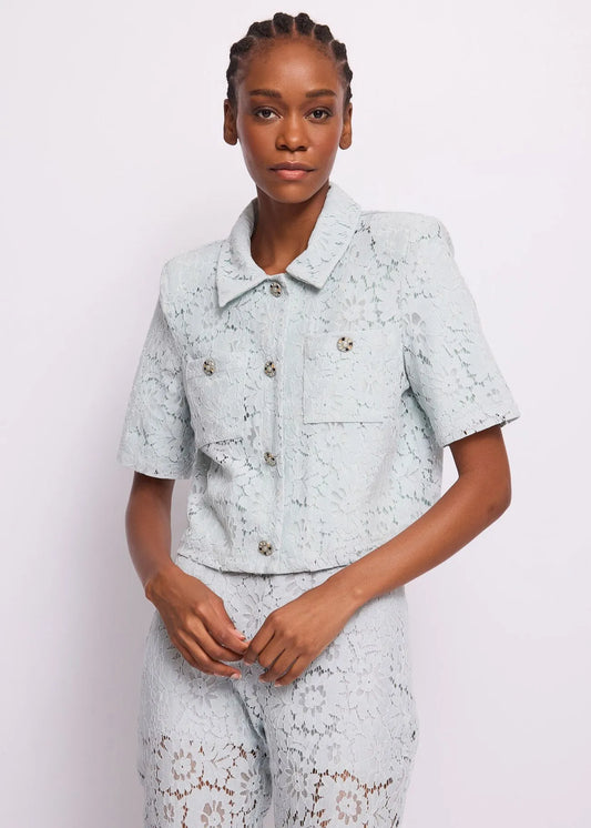 Gaudi 611FD35003 Giacca azzurra da donna in pizzo macramè