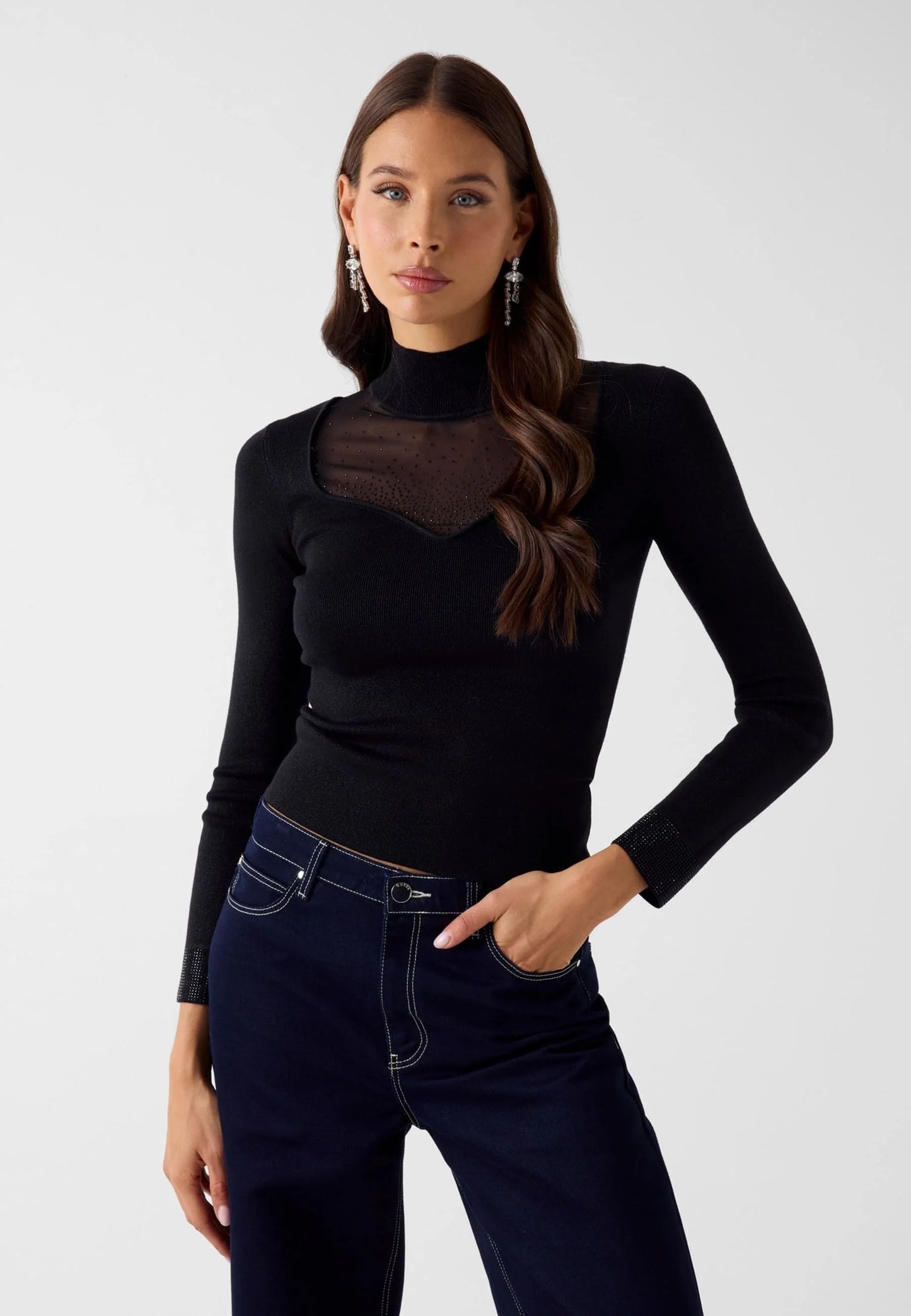 Guess LS MN LUCY RHINESTONES SWTR - Maglione - schwarz