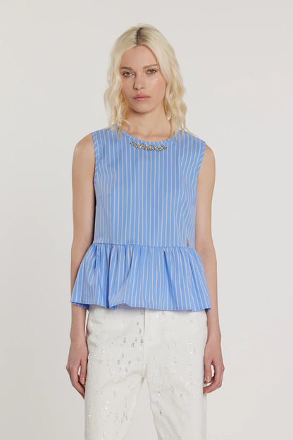 Relish Blusa MERIL smanicata con apertura più fiocchi sulla schiena più applicazioni gioiello più balza fondo righe