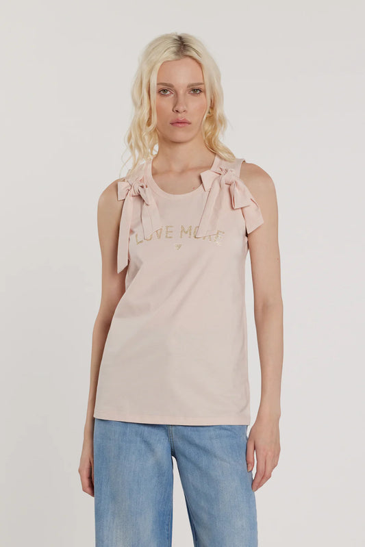 Relish T-Shirt BLOWY smanicata con fiocco più stampa glitter