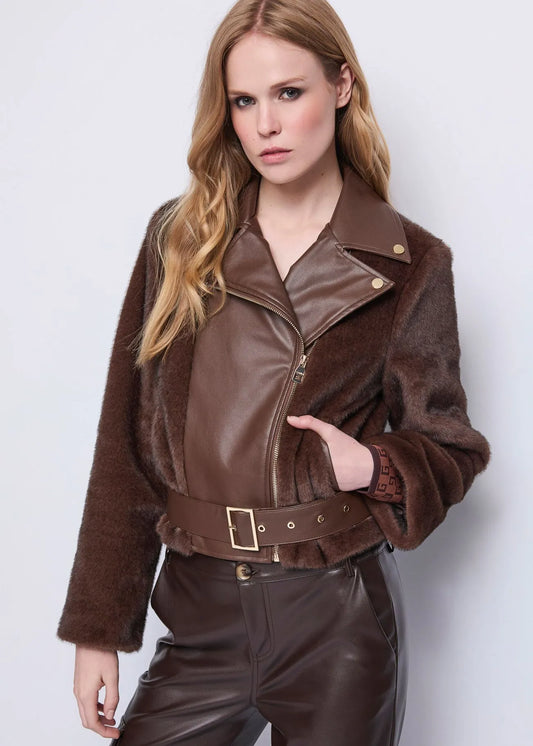 Nuova Collezione Giacca biker marrone da donna con cintura GAUDI 521FD39004_3355