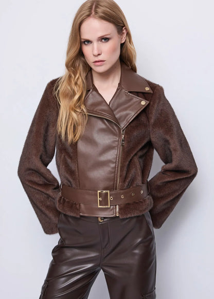 Nuova Collezione Giacca biker marrone da donna con cintura GAUDI 521FD39004_3355