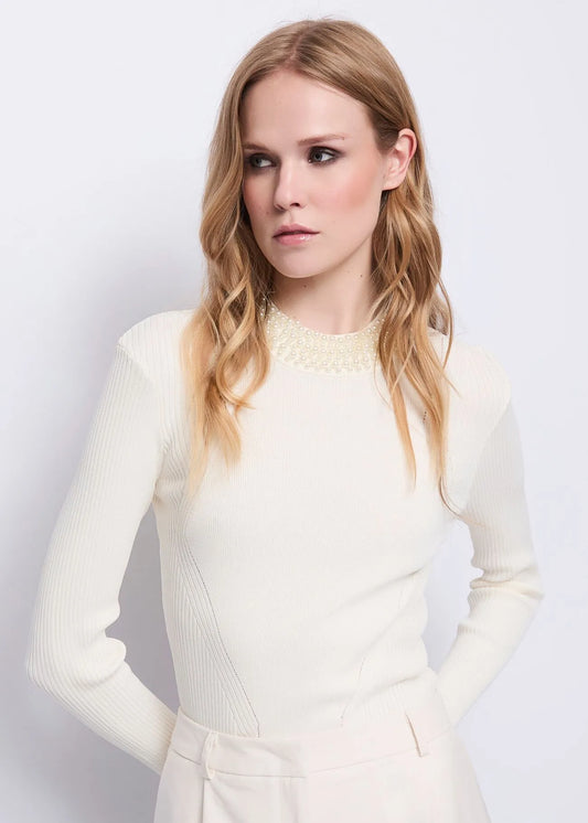 Maglia bianca da donna in filato con perle GAUDI 521FD53036_3213