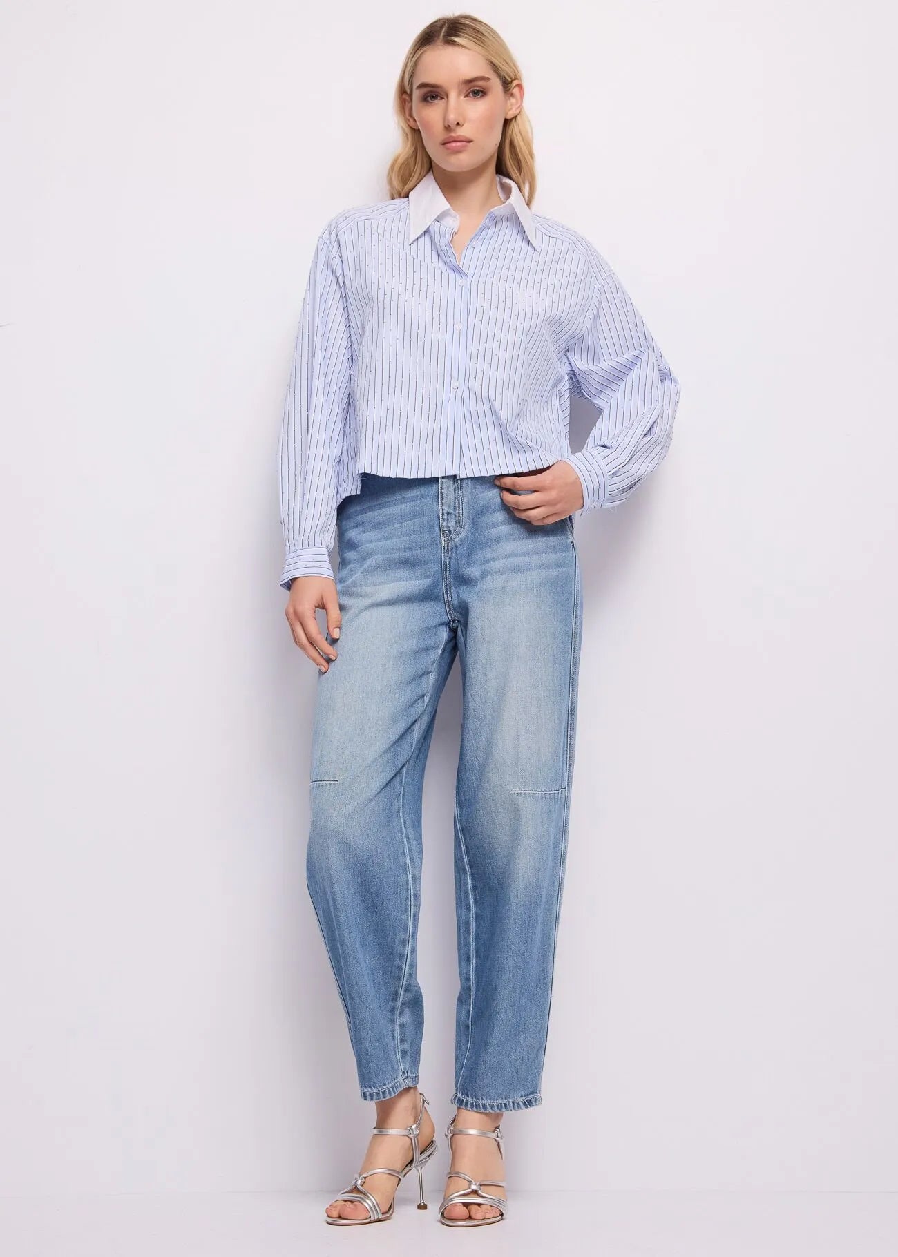Women's Striped Cotton Shirt with Rhinestones 611BD45030