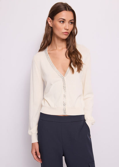 GAUDI 611BD53038_2131 Women's White Yarn Cardigan with Rhinestones
