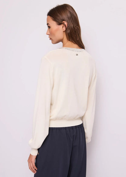 GAUDI 611BD53038_2131 Women's White Yarn Cardigan with Rhinestones