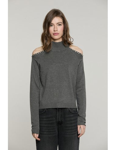 Maglia BOGNANNI manica lunga collo vulvano con apertura + castoni + pietre RELISH