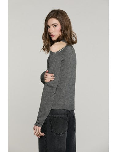 Maglia BOGNANNI manica lunga collo vulvano con apertura + castoni + pietre RELISH