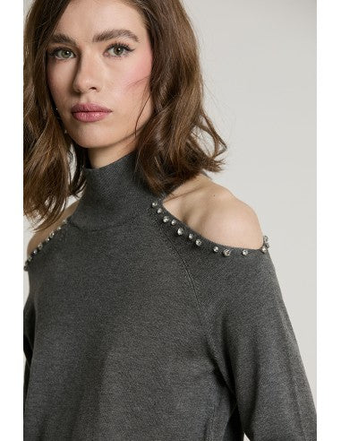Maglia BOGNANNI manica lunga collo vulvano con apertura + castoni + pietre RELISH