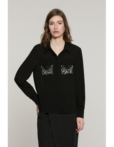 Camicia LIZZIE manica lunga con tasche + patte + strass RELISH