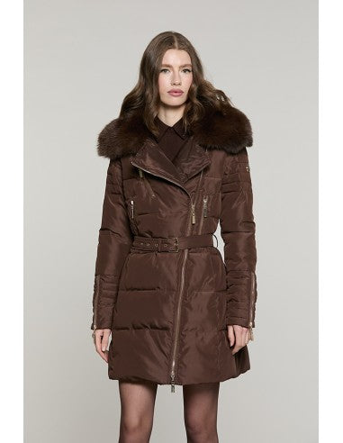 Piumino CUNY lungo manica lunga con zip + collo ecopelliccia staccabile + cintura RELISH