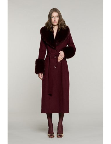 Cappotto RECORDS lungo manica lunga con cintura + tasche + bordi ecopelliccia RELISH