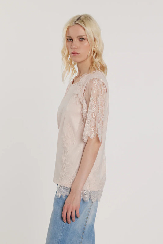 Relish T-Shirt MASCARA maniche corte con inserti pizzo più stampa più strass