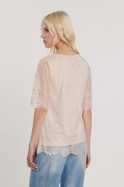 Relish T-Shirt MASCARA maniche corte con inserti pizzo più stampa più strass