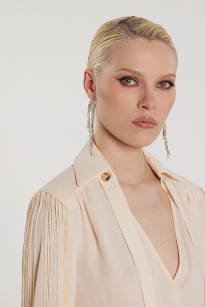 Relish Blusa FLAPS scollo a V maniche lunghe più fusciacca più frange