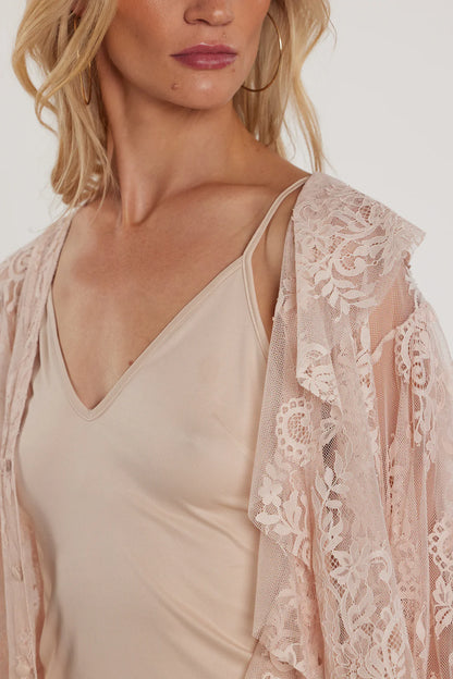 Relish Camicia ZENN maniche lunghe con coulisse scollo a V più volant pizzo