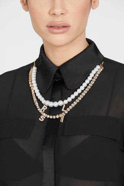 Camicia DIRANNE manica lunga con risv.raso più collana perle e strass lettering