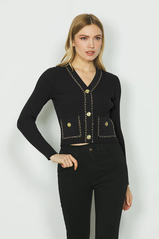 Cardigan AMELIA manica lunga con tasche più profili catena costina RELISH