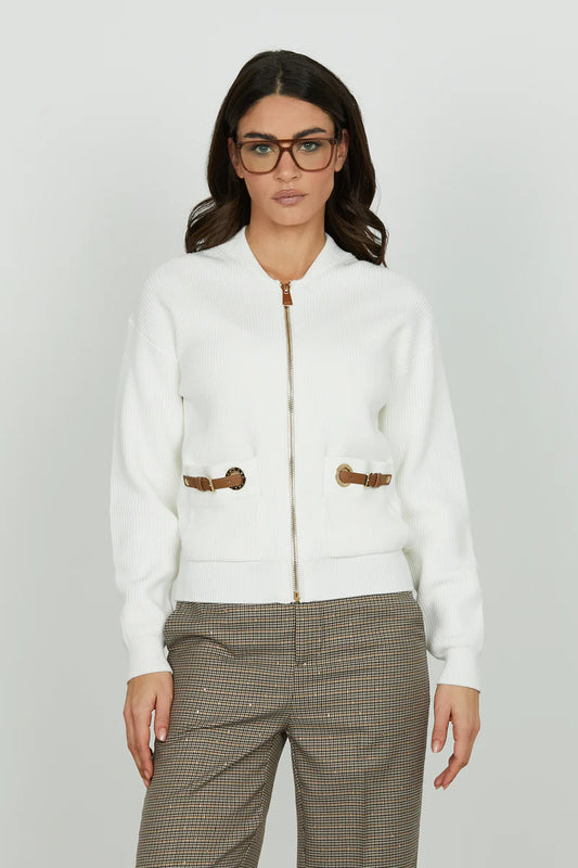 Cardigan CASTELROSSO manica lunga con zip più tasche più cinturini ecopelle RELISH