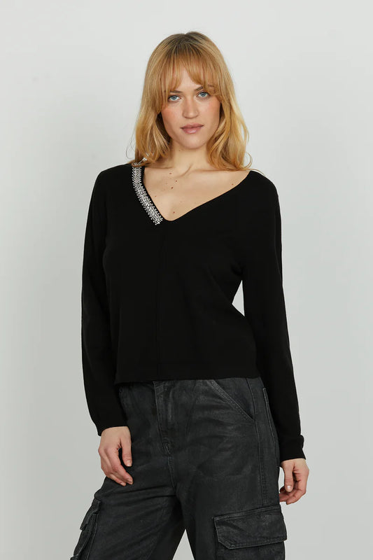 Maglia LEVITA manica lunga scollo v con applicazione perline più strass RELISH