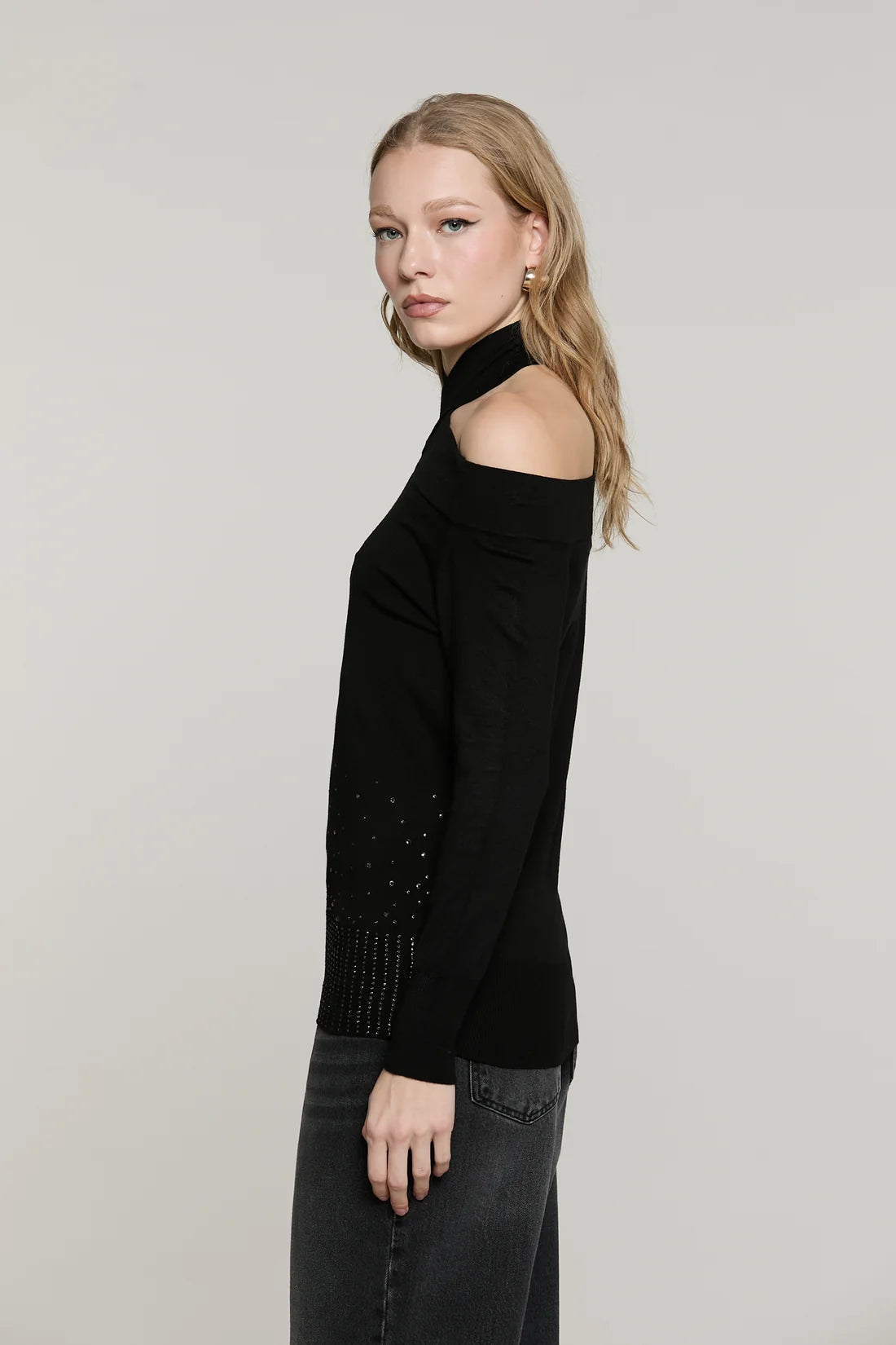 Maglia SECURAMENTE manica lunga scollo bardot con collo incrociato più strass fondo