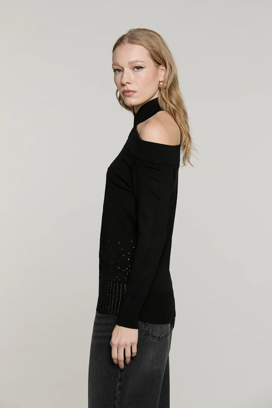 Maglia SECURAMENTE manica lunga scollo bardot con collo incrociato più strass fondo