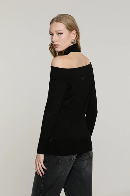Maglia SECURAMENTE manica lunga scollo bardot con collo incrociato più strass fondo