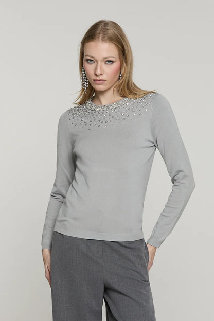 Maglia JORIA manica lunga con bordo paillettes più pietre più goccia schiena RELISH