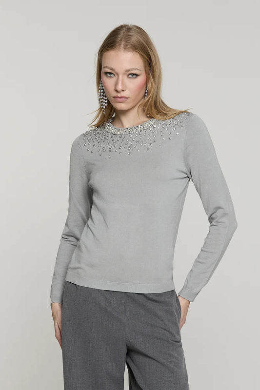 JORIA long sleeve top with sequin trim plus stones plus teardrop back RELISH