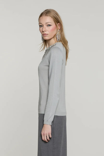 Maglia JORIA manica lunga con bordo paillettes più pietre più goccia schiena RELISH